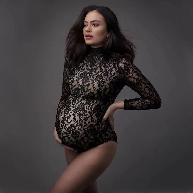 Maternity Wear - レースマタニティ写真小道具ジャンプスーツ伸縮性妊娠写真撮影服男の子または女の子パーティーボディスーツ長袖